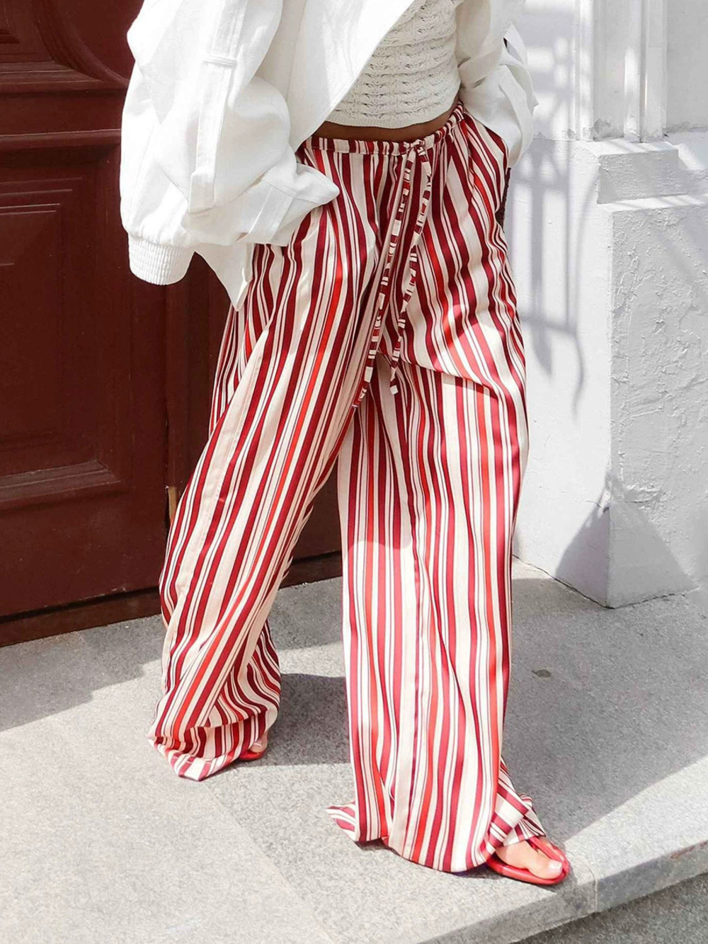 ZARA Women Spring Fall Contrast Striped Loose Wide Leg Drawstring Pants